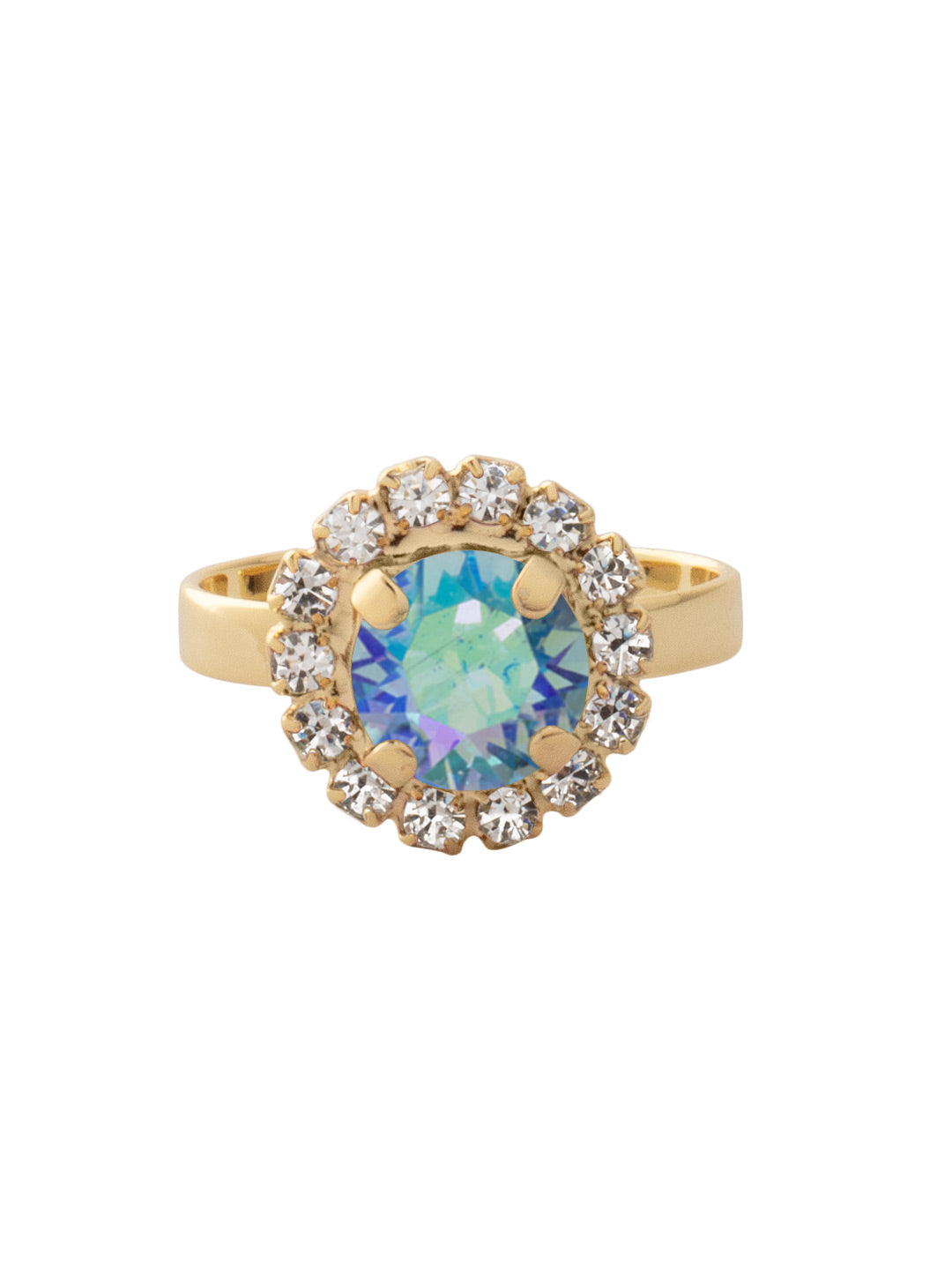 Haute Halo Cocktail Ring - REX10BGAQA - <p>The Haute Halo Cocktail Ring features a single pavé halo round-cut crystal on an adjustable ring band. Adjustable to fit ring sizes 6-8. From Sorrelli's Aqua Aurora Borealis collection in our Bright Gold-tone finish.</p>