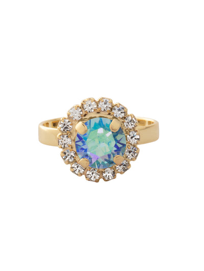 Haute Halo Cocktail Ring - REX10BGAQA - <p>The Haute Halo Cocktail Ring features a single pavé halo round-cut crystal on an adjustable ring band. Adjustable to fit ring sizes 6-8. From Sorrelli's Aqua Aurora Borealis collection in our Bright Gold-tone finish.</p>