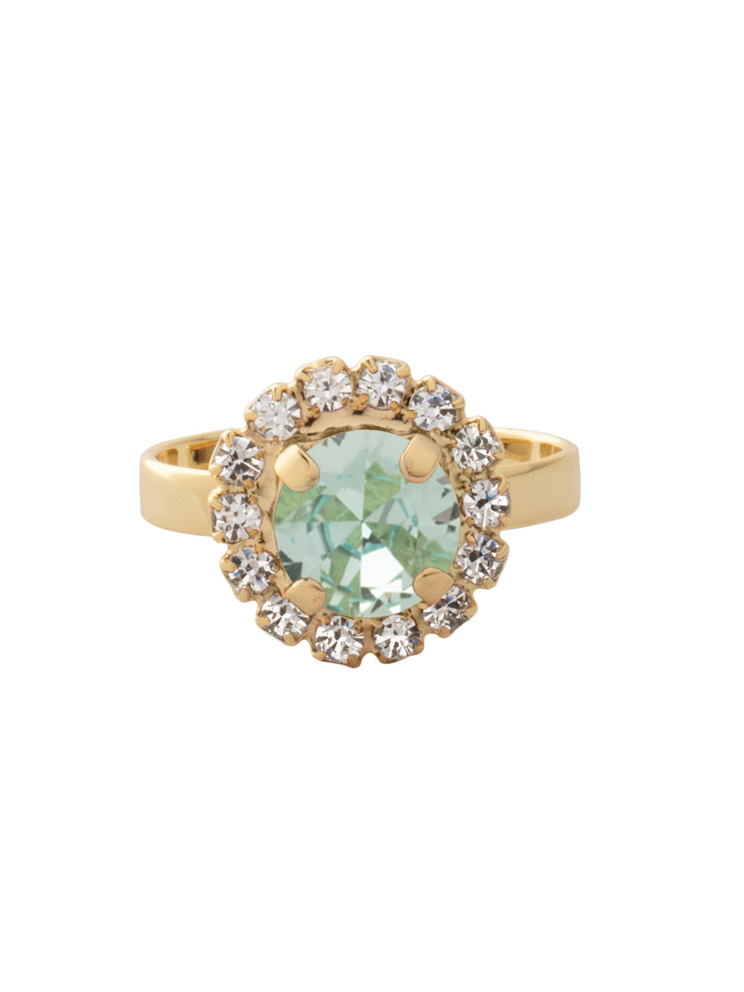 Haute Halo Cocktail Ring - REX10BGAQU - <p>The Haute Halo Cocktail Ring features a single pavé halo round-cut crystal on an adjustable ring band. Adjustable to fit ring sizes 6-8. From Sorrelli's Aquamarine collection in our Bright Gold-tone finish.</p>