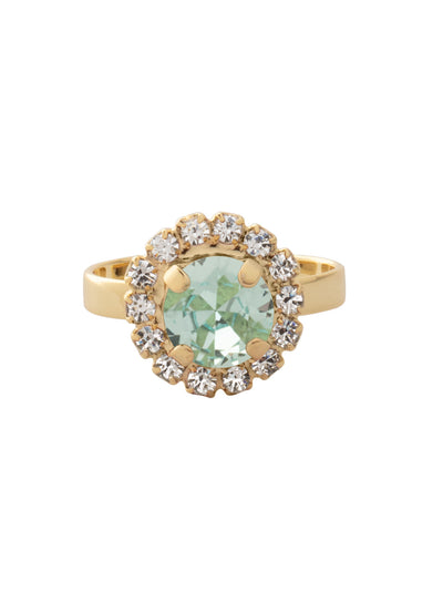 Haute Halo Cocktail Ring - REX10BGAQU - <p>The Haute Halo Cocktail Ring features a single pavé halo round-cut crystal on an adjustable ring band. Adjustable to fit ring sizes 6-8. From Sorrelli's Aquamarine collection in our Bright Gold-tone finish.</p>