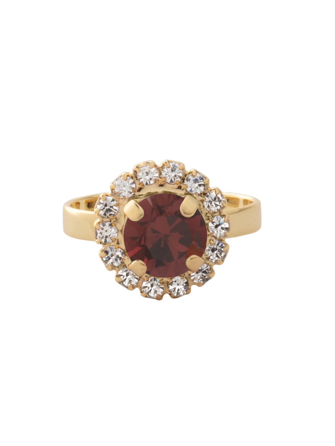 Haute Halo Cocktail Ring - REX10BGBUR - <p>The Haute Halo Cocktail Ring features a single pavé halo round-cut crystal on an adjustable ring band. Adjustable to fit ring sizes 6-8. From Sorrelli's Burgundy collection in our Bright Gold-tone finish.</p>