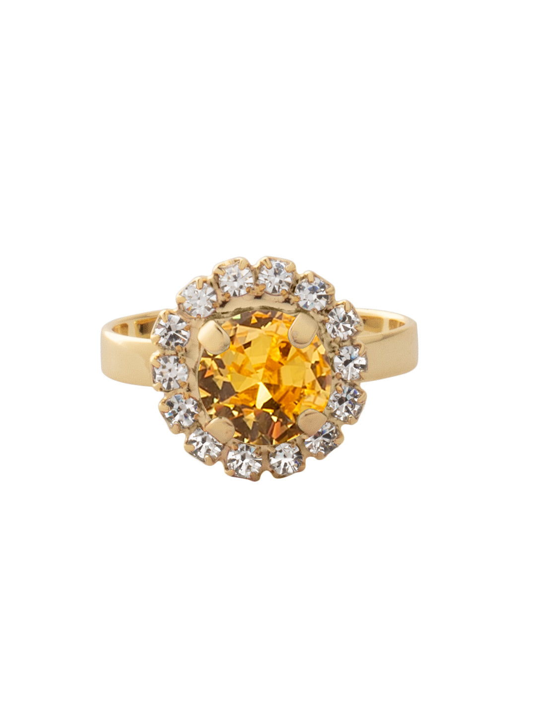 Haute Halo Cocktail Ring - REX10BGLTO - <p>The Haute Halo Cocktail Ring features a single pavé halo round-cut crystal on an adjustable ring band. Adjustable to fit ring sizes 6-8. From Sorrelli's Light Topaz collection in our Bright Gold-tone finish.</p>
