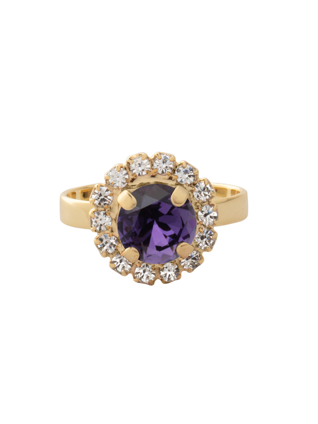 Haute Halo Cocktail Ring - REX10BGPV - <p>The Haute Halo Cocktail Ring features a single pavé halo round-cut crystal on an adjustable ring band. Adjustable to fit ring sizes 6-8. From Sorrelli's Purple Velvet collection in our Bright Gold-tone finish.</p>