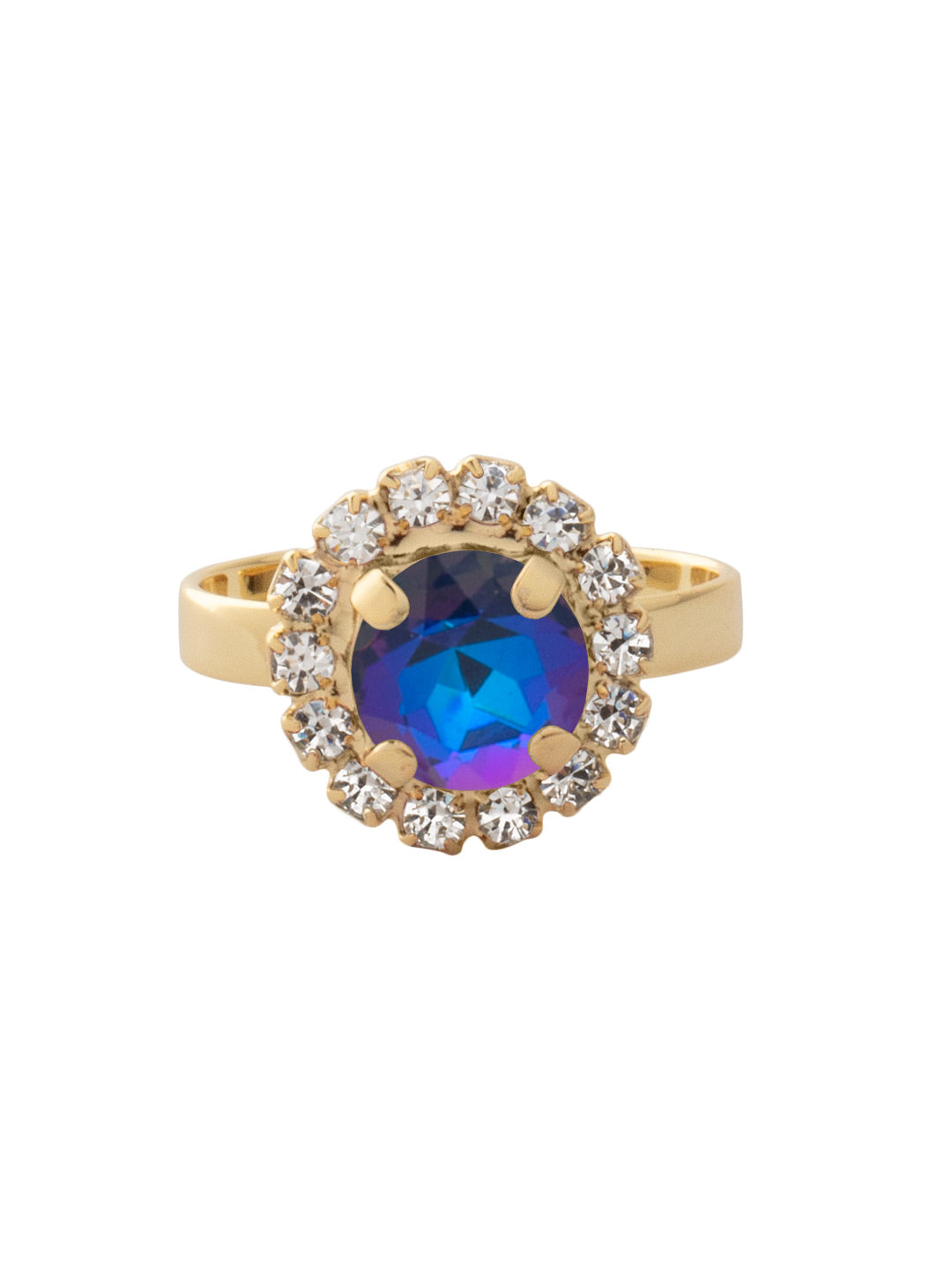 Haute Halo Cocktail Ring - REX10BGRBD - <p>The Haute Halo Cocktail Ring features a single pavé halo round-cut crystal on an adjustable ring band. Adjustable to fit ring sizes 6-8. From Sorrelli's Royal Blue Delite collection in our Bright Gold-tone finish.</p>