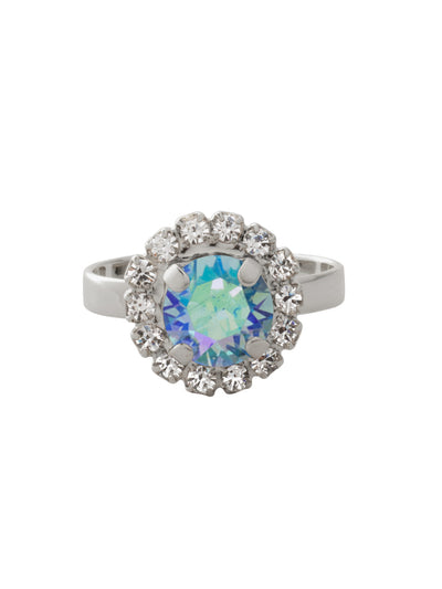 Haute Halo Cocktail Ring - REX10PDAQA - <p>The Haute Halo Cocktail Ring features a single pavé halo round-cut crystal on an adjustable ring band. Adjustable to fit ring sizes 6-8. From Sorrelli's Aqua Aurora Borealis collection in our Palladium finish.</p>