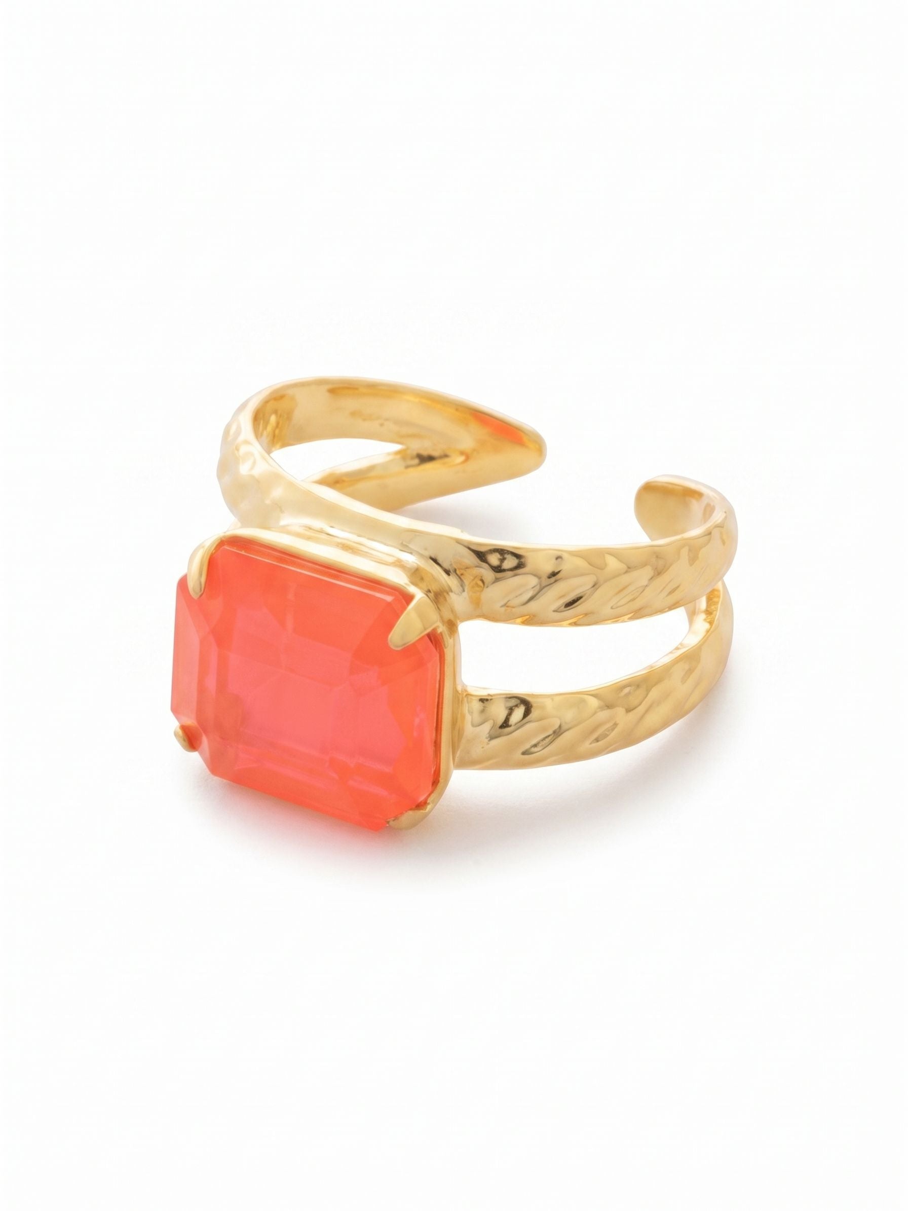Octavia Adjustable Cocktail Ring - RFK6BGELH - <p>A single emerald-cut crystal in vivid orange anchors this bold cocktail ring. The stone sits on a split double band detailed with a subtle hammered texture, catching the light as your hands move. Designed with an open back, the metal gently shapes to your finger to fit exactly where you want to wear it.</p><ul>
<li>Split double band with a subtly hammered texture</li>
<li>Solitaire emerald-cut crystal in a raised four-prong setting</li>
<li>Adjustable ring band</li>
<li>Protective e-coat finish for lasting wear</li>
<li>Includes signature organza pouch for gifting and travel</li>
</ul>
