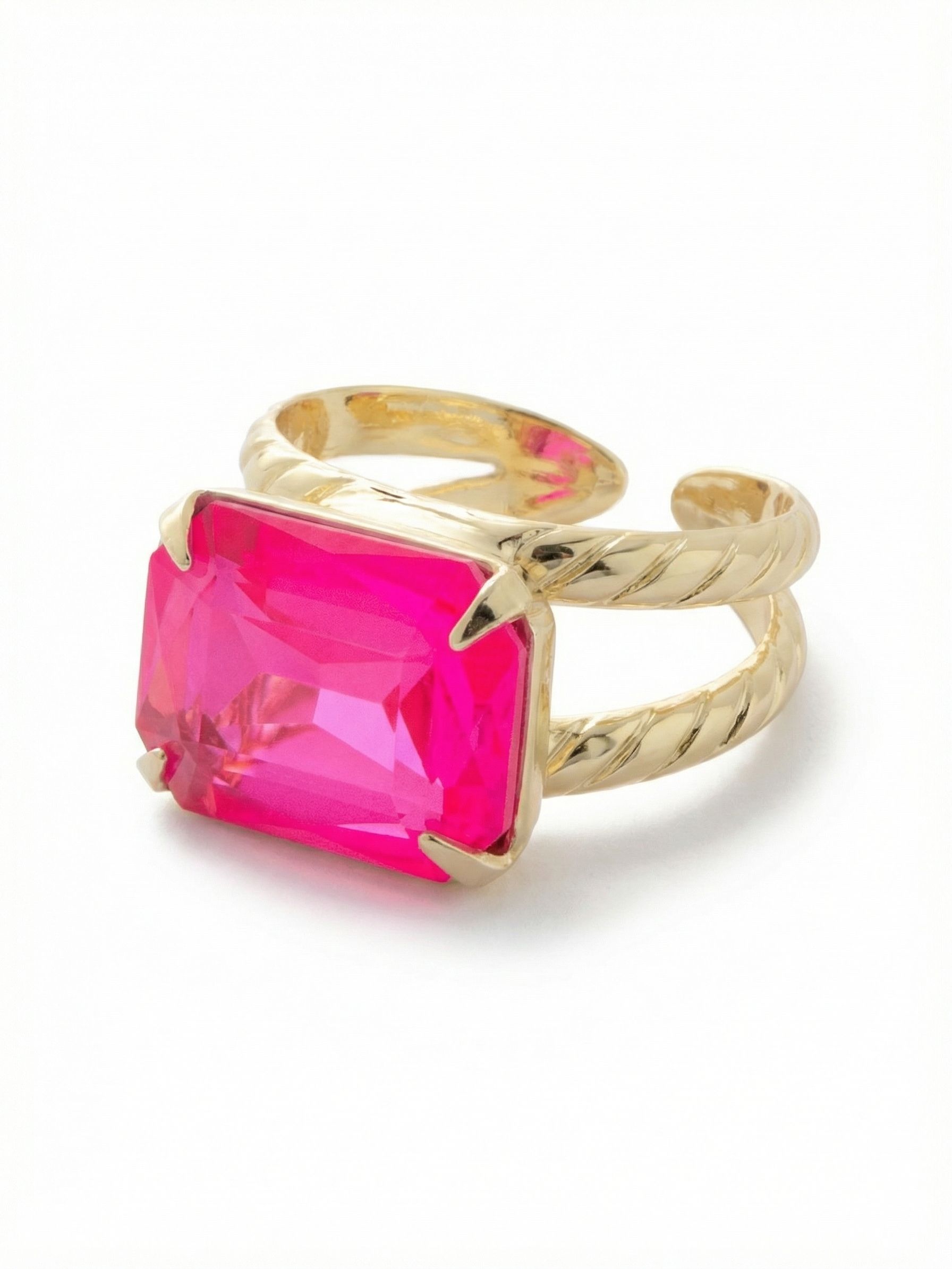 Emerald Cocktail Ring - RFL88BGETP - <p>A saturated, electric pink emerald-cut crystal anchors this structured cocktail ring. Set horizontally across the finger, the clean lines of the stone catch the light with every movement of your hand. It rests securely on a distinctive split band detailed with a subtle twisted texture, adding visual weight while remaining light and comfortable. The open back lets you easily adjust the sizing, allowing you to move the ring between fingers as your mood changes.</p><ul>
<li>Horizontal emerald-cut setting creates a clean architectural presence</li>
<li>Split double band with a subtle twisted rope texture balances the bold stone</li>
<li>Adjustable ring band</li>
<li>Protective e-coat finish for lasting wear</li>
<li>Includes signature organza pouch for gifting and travel</li>
</ul>