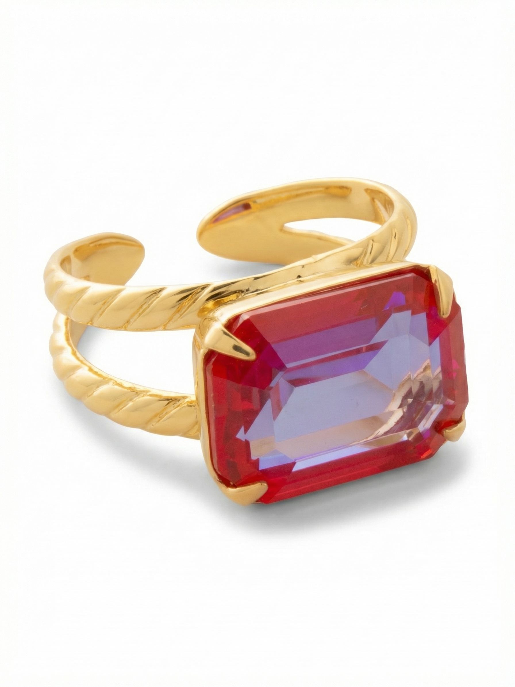 Emerald Cocktail Ring - RFL88BGRRD - <p>The Emerald Cocktail Ring features a single emerald cut crystal on a braided double band. Adjustable to fit ring sizes 6-8.</p>