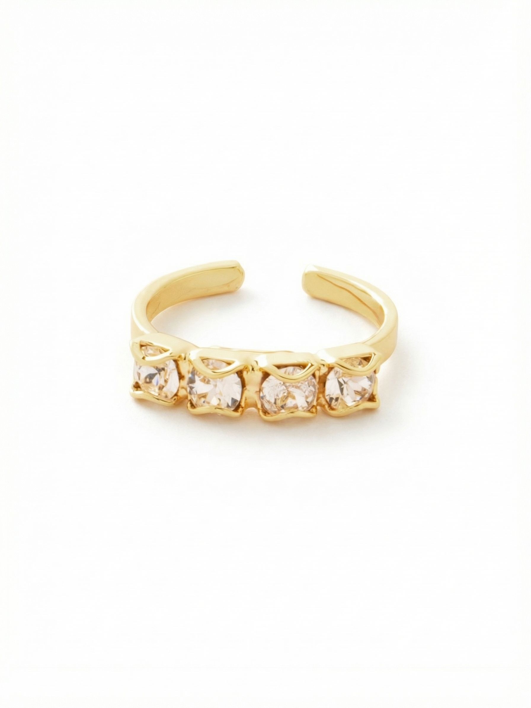 Jane Band Ring - RFM55BGCRY - <p>Four precisely faceted crystals form an uninterrupted line across the top of this band, catching the light with every gesture. The stones are nestled closely together within sculpted metallic borders that give the piece a substantial, grounded feel. Designed with an open back, the polished metal tapers discreetly beneath your finger. This allows you to gently squeeze or expand the ring for a precise, forgiving fit that accommodates subtle changes in your hands throughout the day.</p><ul>
<li>Continuous line of four closely set round crystals</li>
<li>Sculpted metallic borders that frame the stone row</li>
<li>Adjustable ring band</li>
<li>Protective e-coat finish for lasting wear</li>
<li>Includes signature organza pouch for gifting and travel</li>
</ul>