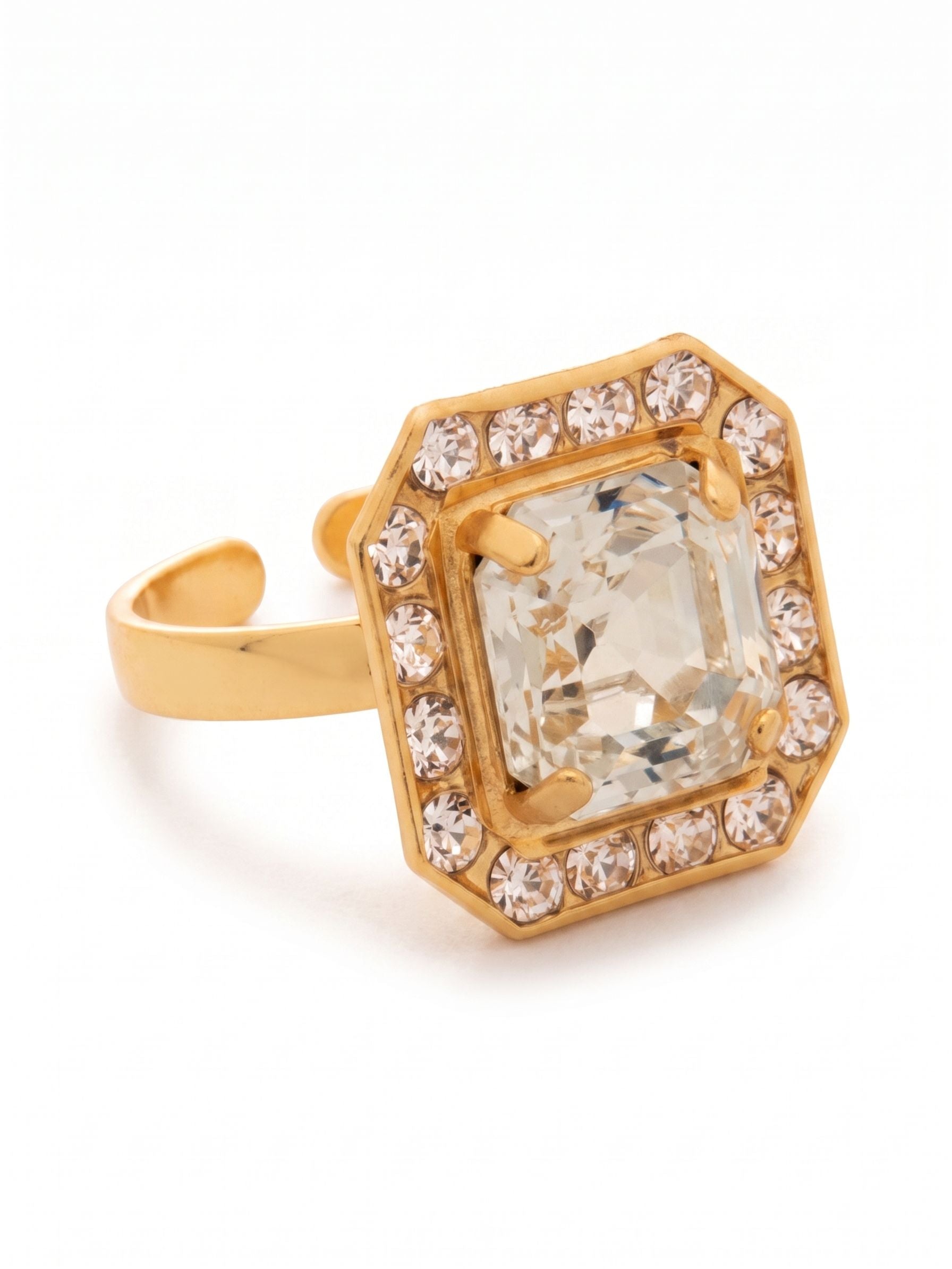 Autumn Cocktail Ring - RFS5BGCRY - <p>The Autumn Cocktail Ring features an open adjustable metal band that elegantly showcases a stunning crystal-embellished imperial square halo. A bold and glamorous statement piece, perfect for adding a touch of sparkle to any outfit. Adjustable to fit ring sizes 6-8.</p>