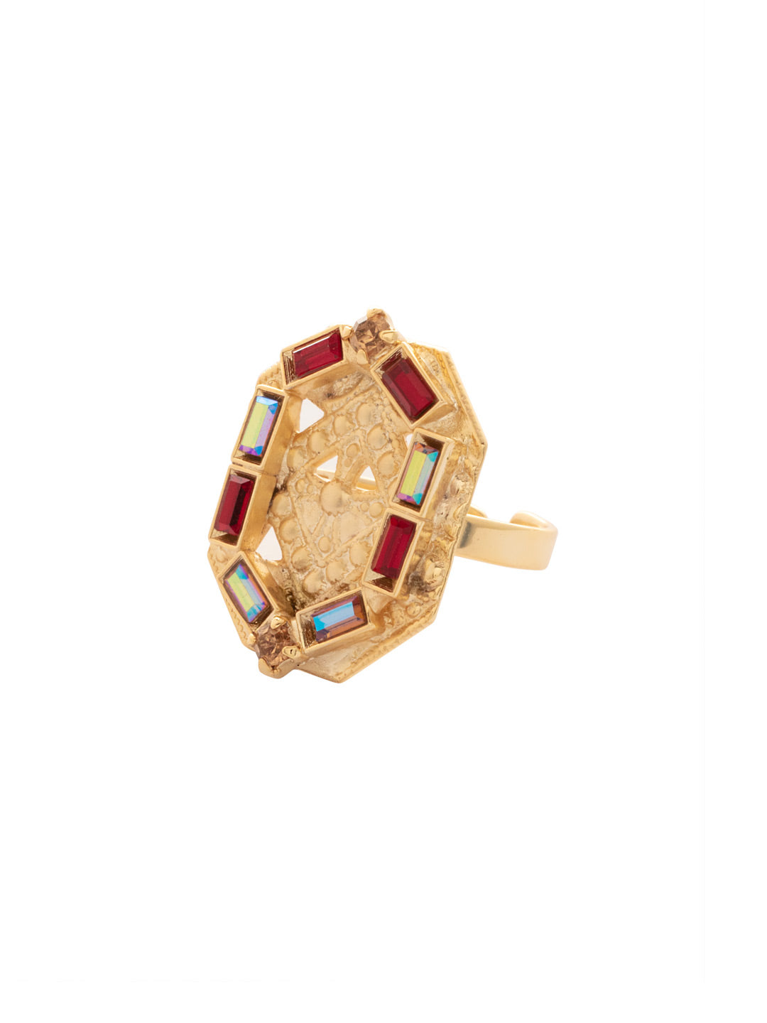 Lex Statement Ring - RFS6BGMS - <p>The Lex Statement Ring showcases an intricately engraved hexagon adorned with sparkling baguette-cut crystals, set on an open metal band that easily adjusts to fit ring sizes 6-8. A bold and elegant accessory that adds a touch of sophistication to any ensemble. From Sorrelli's Maple Syrup collection in our Bright Gold-tone finish.</p>
