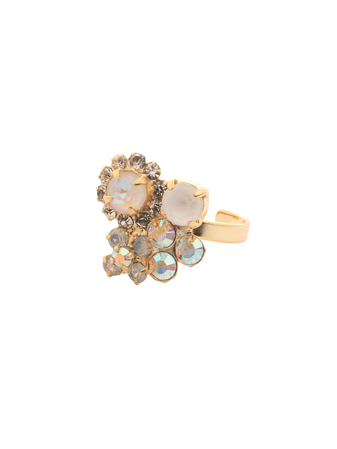 Claire Cocktail Ring - RFT3BGICL - <p>The Claire Cocktail Ring features an adjustable metal band adorned with an array of assorted-cut crystals and elegant crystal-embellished floral clusters, creating a beautifully cohesive and eye-catching design. Adjustable to fit ring sizes 6-8. From Sorrelli's Icicle collection in our Bright Gold-tone finish.</p>