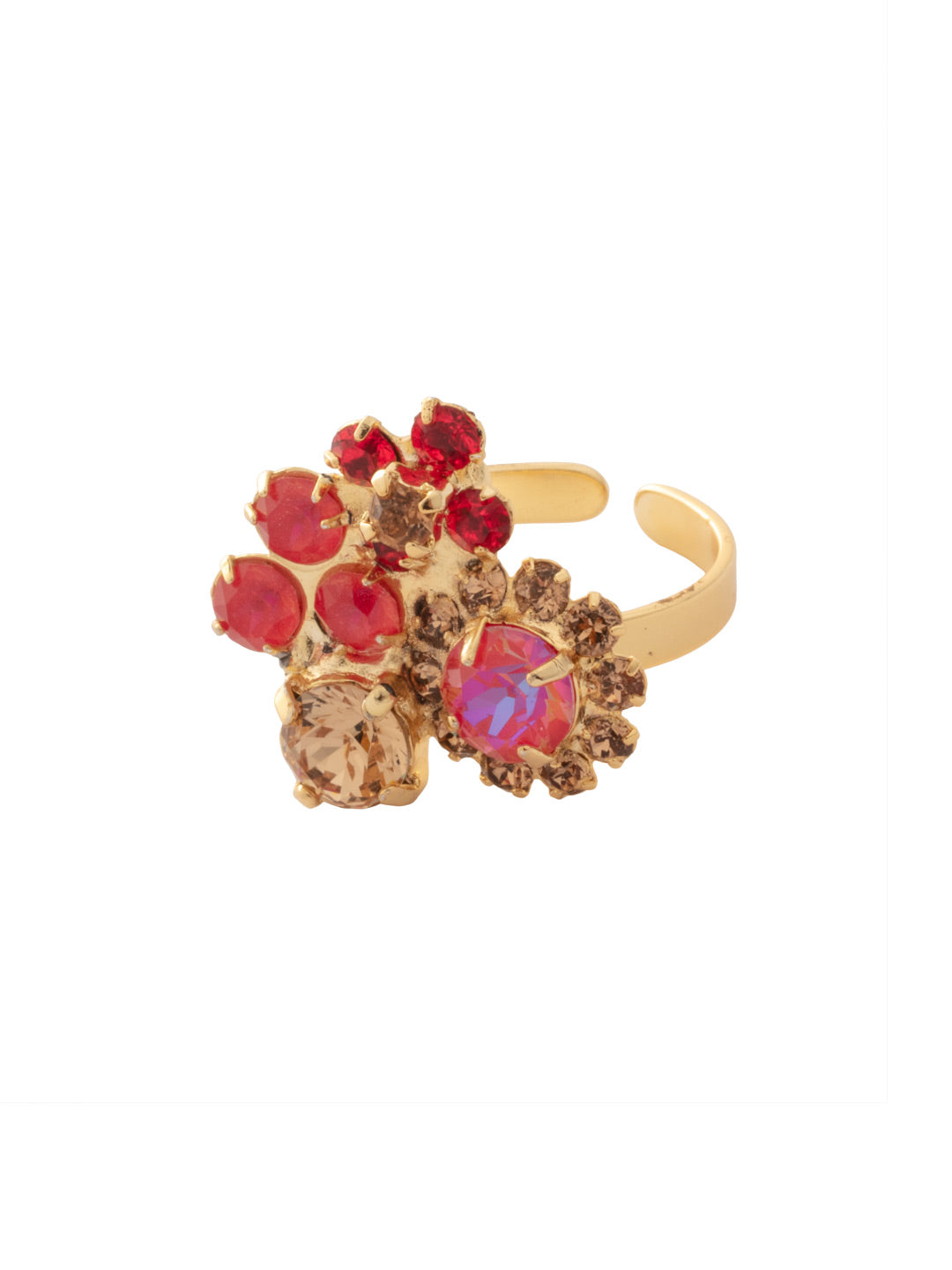 Claire Cocktail Ring - RFT3BGRCP - <p>The Claire Cocktail Ring features an adjustable metal band adorned with an array of assorted-cut crystals and elegant crystal-embellished floral clusters, creating a beautifully cohesive and eye-catching design. Adjustable to fit ring sizes 6-8. From Sorrelli's Red Carpet collection in our Bright Gold-tone finish.</p>