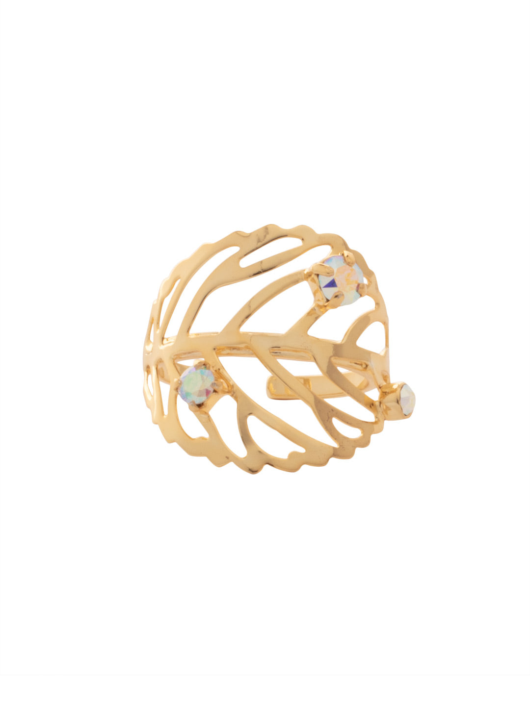 Cala Statement Ring - RFU2BGCAB - <p>The Cala Statement Ring features a delicate crystal embellished metal leaf cut-out wrapped around an adjustable ring band, fitting a range of sizes 6-8. From Sorrelli's Crystal Aurora Borealis collection in our Bright Gold-tone finish.</p>