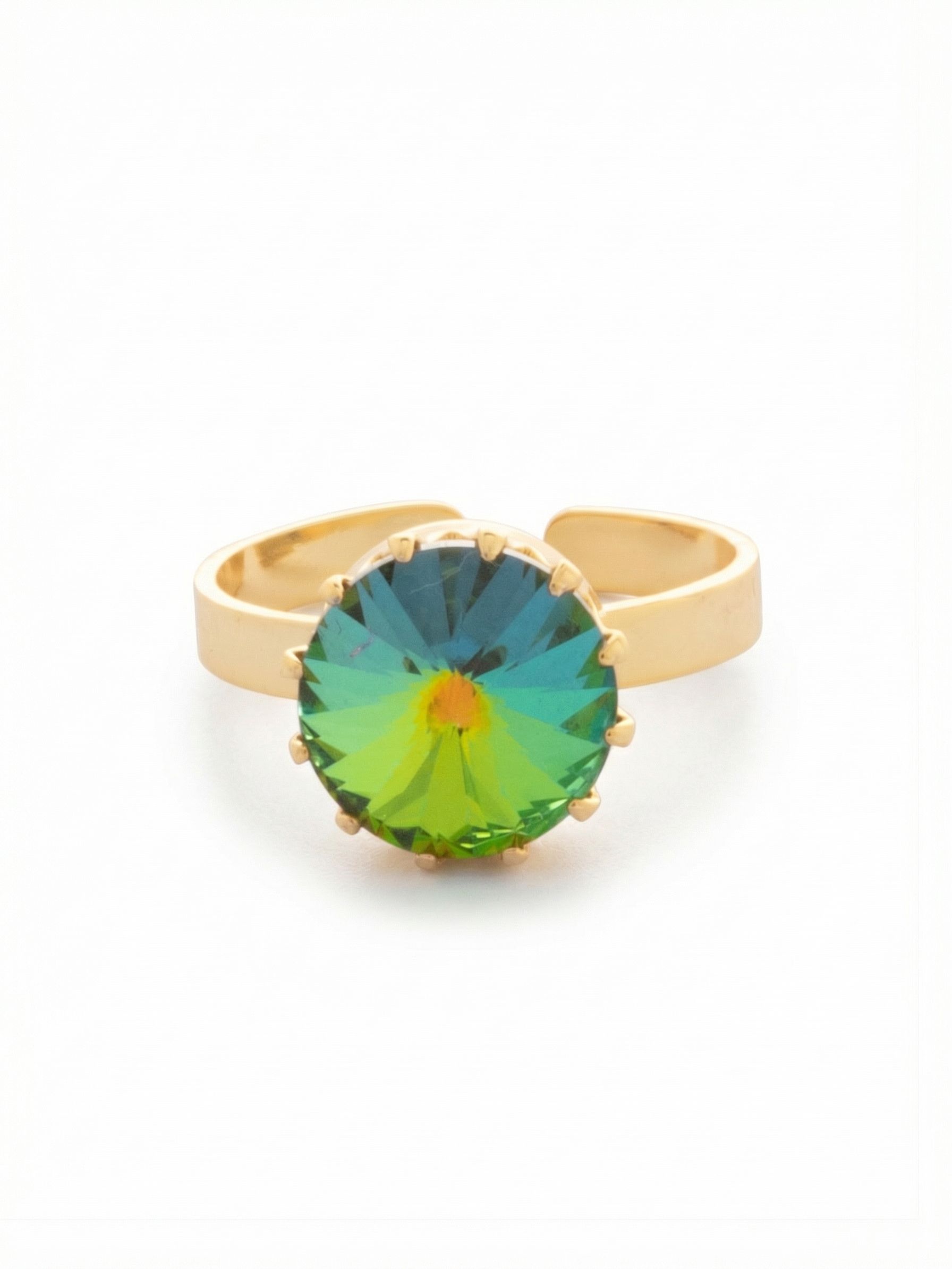 Regal Rivoli Cocktail Ring - RFZ4BGVO - <p>A solitary round crystal anchors this ring, held securely by a circle of delicate prongs. The radiating facets catch the light with every gesture, shifting between deep teal, vivid green, and flashes of warm amber as your hand moves. Set on a smooth open band, it adjusts easily to fit the exact finger you want to wear it on today. It brings a grounded pop of color to a minimal outfit or stands its ground alongside your daily gold jewelry.</p><ul>
<li>Oversized round crystal with deep radiating facets</li>
<li>Shifting spectrum of deep teal, vivid green, and warm amber</li>
<li>Adjustable ring band</li>
<li>Protective e-coat finish for lasting wear</li>
<li>Includes signature organza pouch for gifting and travel</li>
</ul>
