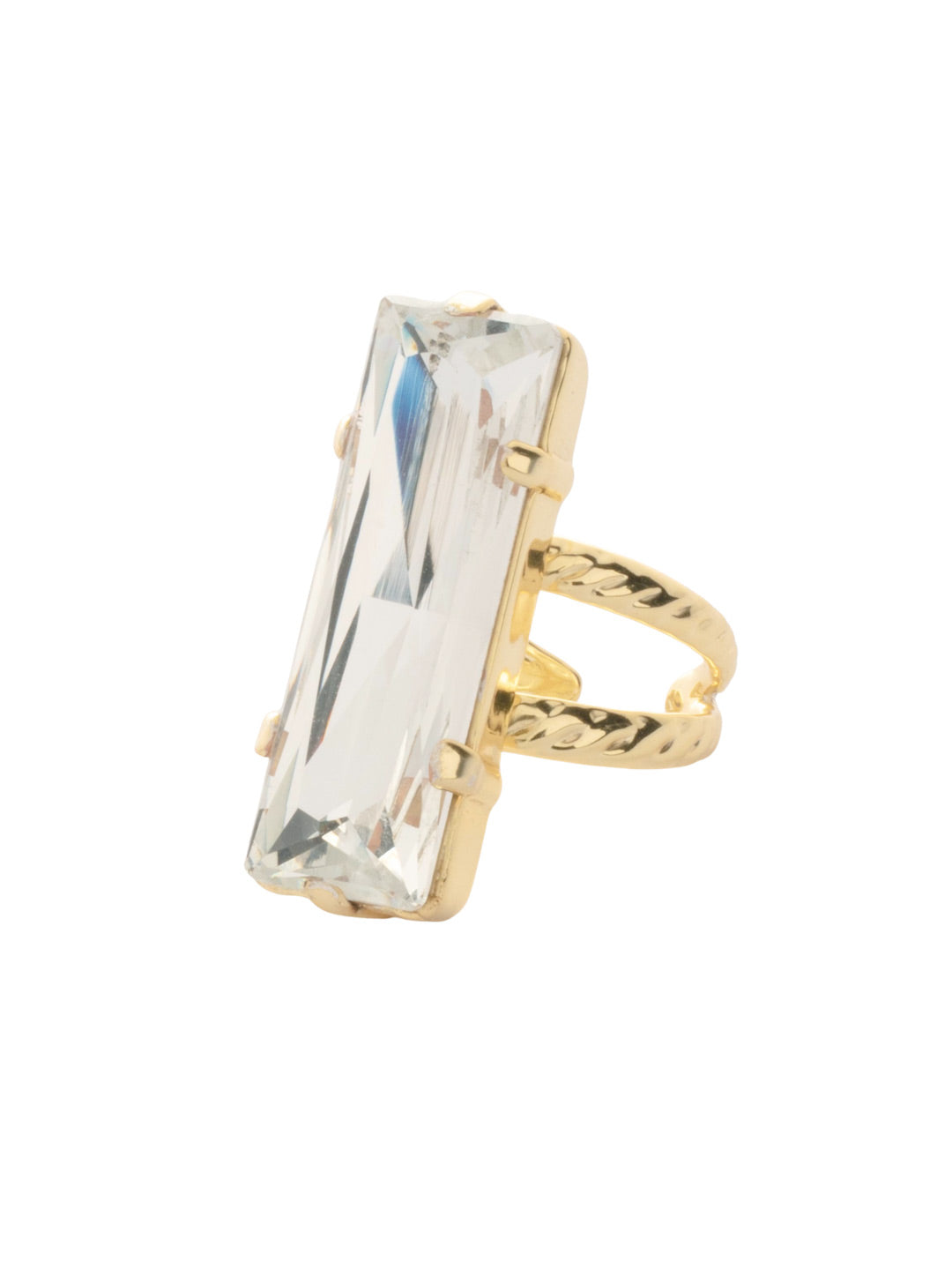 Effie Adjustable Cocktail Ring - RFZ5BGCRY - <p>The Effie Adjustable Cocktail Ring showcases a bold baguette crystal set on a textured band, offering a striking statement piece with modern glamour and adjustable comfort. (fitting ring sizes 6-8) From Sorrelli's Crystal collection in our Bright Gold-tone finish.</p>