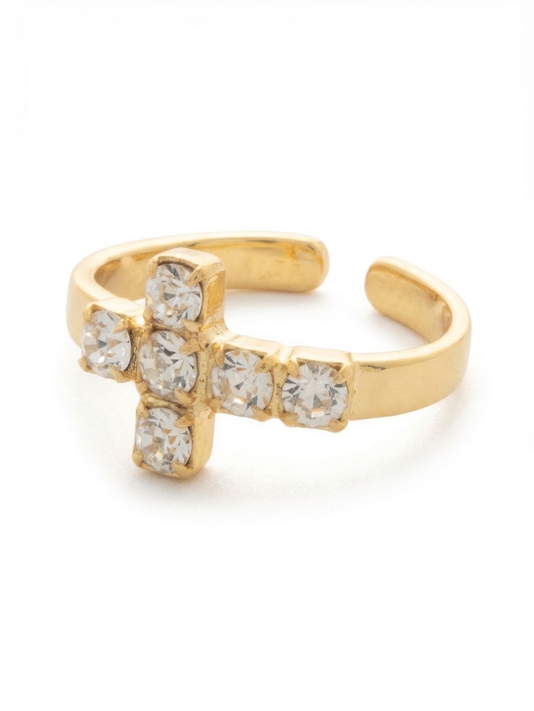 Carly Cross Band Ring - RGE1BGCRY - <p>A smooth gold-tone band sweeps around the finger, pausing just short of a crystal-studded cross motif. This open design offers quiet flexibility, allowing you to easily adjust the fit to accommodate different fingers or subtle daily changes. Six tightly clustered round-cut crystals lie flush against the skin, catching the light evenly with every movement of your hand. It is an everyday companion with just enough presence to catch your own eye.</p><ul>
<li>Compact cross motif constructed from tightly clustered round crystals</li>
<li>Smooth band interrupted by a deliberate asymmetrical gap</li>
<li>Adjustable ring band</li>
<li>Protective e-coat finish for lasting wear</li>
<li>Includes signature organza pouch for gifting and travel</li>
</ul>