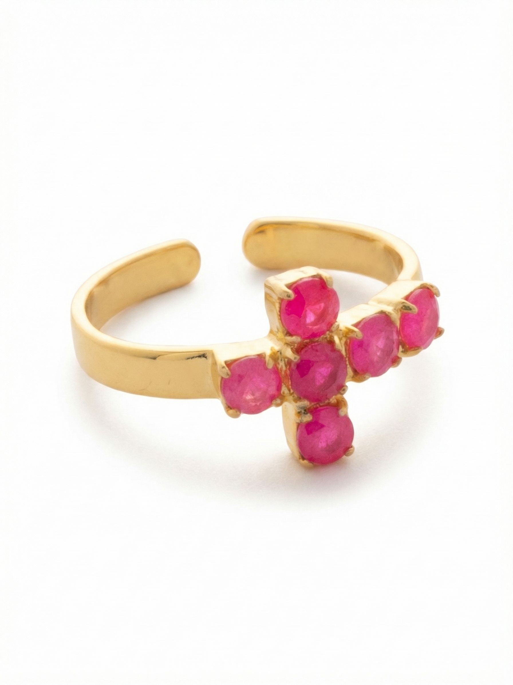 Carly Cross Band Ring - RGE1BGETP - <p>Six round-cut crystals in a saturated electric pink form a clean cross motif at the center of this ring. Set against a bright gold-tone frame, the vivid color provides a sharp contrast that stands out in your daily rotation. The polished metal band carries a comfortable weight on the hand while maintaining an open design, giving you the flexibility to easily adjust the fit and shift the piece to different fingers as your styling changes.</p><ul>
<li>Saturated pink round-cut crystals arranged in a crisp cross motif</li>
<li>Adjustable ring band</li>
<li>Protective e-coat finish for lasting wear</li>
<li>Includes signature organza pouch for gifting and travel</li>
</ul>
