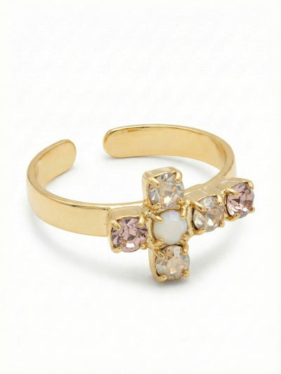 Carly Cross Band Ring - RGE1BGGGO - <p>Warm blush and champagne crystals form a delicate cross motif that rests gracefully on the hand. Six round-cut stones create a low-profile design that stays out of the way while you go about your day. The open back gives you the freedom to adjust the fit, allowing you to easily move the ring between fingers as the weather changes. An opalescent white center stone anchors the piece with a subtle shift of color, catching the light as your hands move.</p><ul>
<li>Cross motif built from warm champagne and blush round-cut crystals</li>
<li>Opalescent center stone creates a soft iridescent focal point</li>
<li>Adjustable ring band</li>
<li>Protective e-coat finish for lasting wear</li>
<li>Includes signature organza pouch for gifting and travel</li>
</ul>