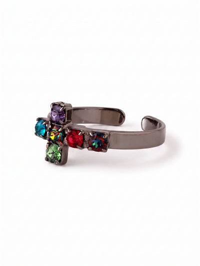 Carly Cross Adjustable Band Ring - RGE1GMNNI - <p>A tight cluster of jewel-toned crystals forms a defined cross at the center of this ring. The dark metal foundation acts as a shadow, allowing the saturated violet, fuchsia, and teal stones to catch the light with distinct intensity. Built with an open-shank design, the band gently flexes to accommodate your hand, making it easy to shift between fingers as the day changes.</p><ul>
<li>Contrasting round crystals form a structured cross motif</li>
<li>Low-profile settings keep the focused design close to the hand</li>
<li>Adjustable ring band</li>
<li>Includes organza pouch for gifting and travel</li>
</ul>
