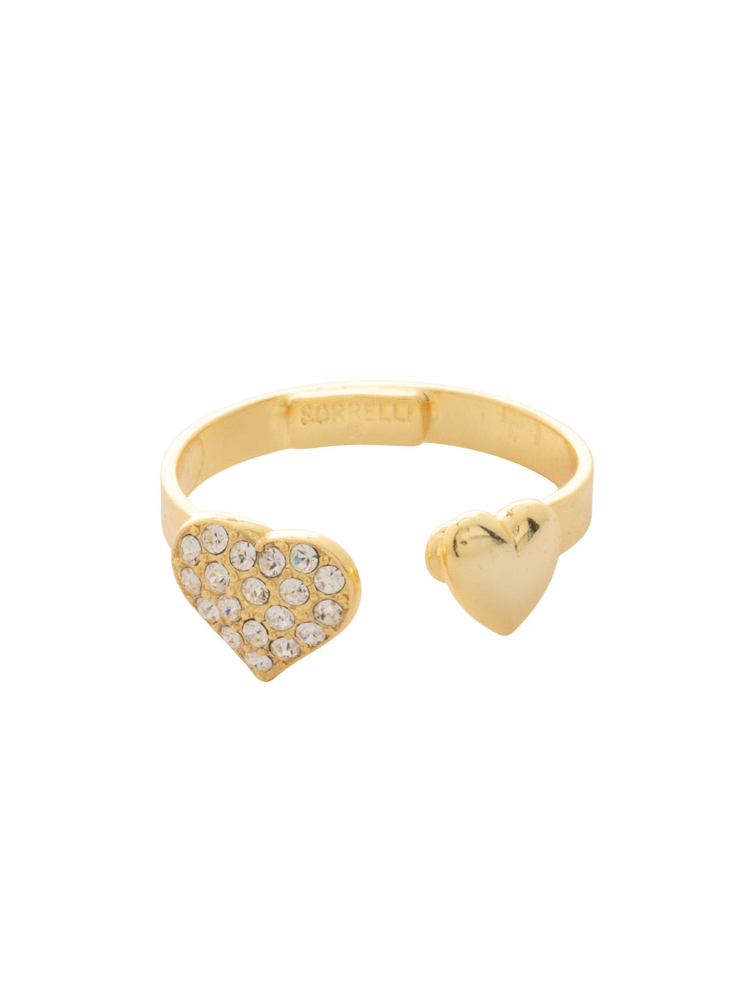 Open Heart Adjustable Band Ring - RGF1BGCRY - <p>Defined by a trendy front-open silhouette, this adjustable ring showcases a sparkling pave heart and mini polished heart. This open design creates a stylish floating effect while allowing for a comfortable, customized fit. (Ring sizes 6-8) From Sorrelli's Crystal collection in our Bright Gold-tone finish.</p>