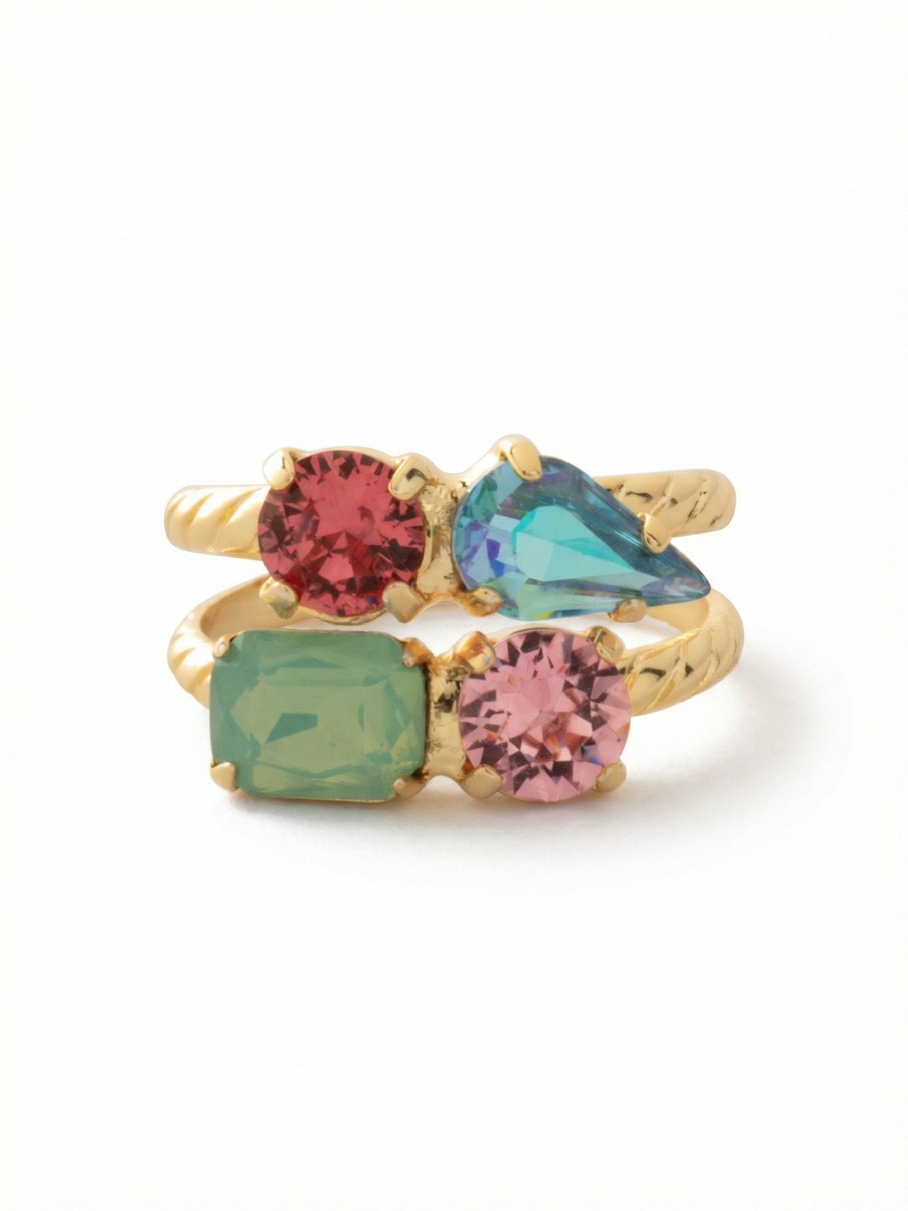 Moxie Stacked Ring - RGI3BGCPO - <p>The Moxie Stacked Ring features a double-band silhouette accented by assorted crystals in a variety of geometric shapes. An adjustable band allows for a personalized fit and a bold, eclectic look. Adjustable to fit ring sizes 6-8. From Sorrelli's Candy Pop collection in our Bright Gold-tone finish.</p>