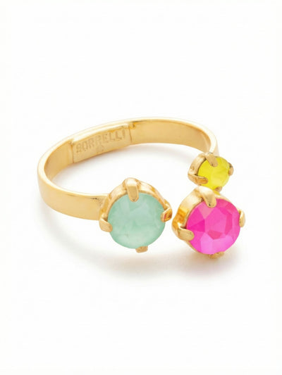 Bubbles Open Band Ring - RGK3BGCCA - <p>Three vibrant round crystals float across the hand in a lively mix of saturated pink, mint, and yellow tones. The open-band design leaves breathing room between the stones, creating a light, modern profile that balances the bright candy colors. An adjustable band allows you to easily switch this piece between fingers depending on the season or your daily stack. It adds an immediate, cheerful pop of color to your hand as you type an email or hold your morning coffee.</p><ul>
<li>Asymmetric cluster of vibrant contrasting round crystals</li>
<li>Open setting creates distinctive negative space across the finger</li>
<li>Adjustable ring band</li>
<li>Protective e-coat finish for lasting wear</li>
<li>Includes signature organza pouch for gifting and travel</li>
</ul>