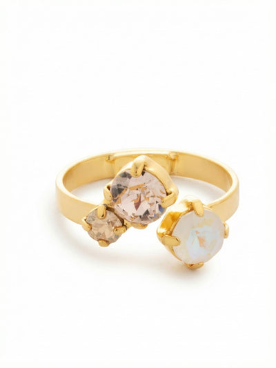 Bubbles Open Band Ring - RGK3BGGGO - <p>Three round crystals rest in an asymmetrical cluster across the top of the hand. The open band creates a modern sense of negative space, separating a bright aurora borealis stone from a warm pairing of silk and golden shadow crystals. The polished setting frames each stone securely while maintaining a light, unburdened feel on the finger. With its gently pliable construction, the band can be adjusted for an exact, comfortable fit wherever you choose to wear it.</p><ul>
<li>Asymmetrical cluster of three round crystals in contrasting sizes</li>
<li>Open silhouette introduces natural negative space at the top of the finger</li>
<li>Adjustable ring band</li>
<li>Protective e-coat finish for lasting wear</li>
<li>Includes signature organza pouch for gifting and travel</li>
</ul>