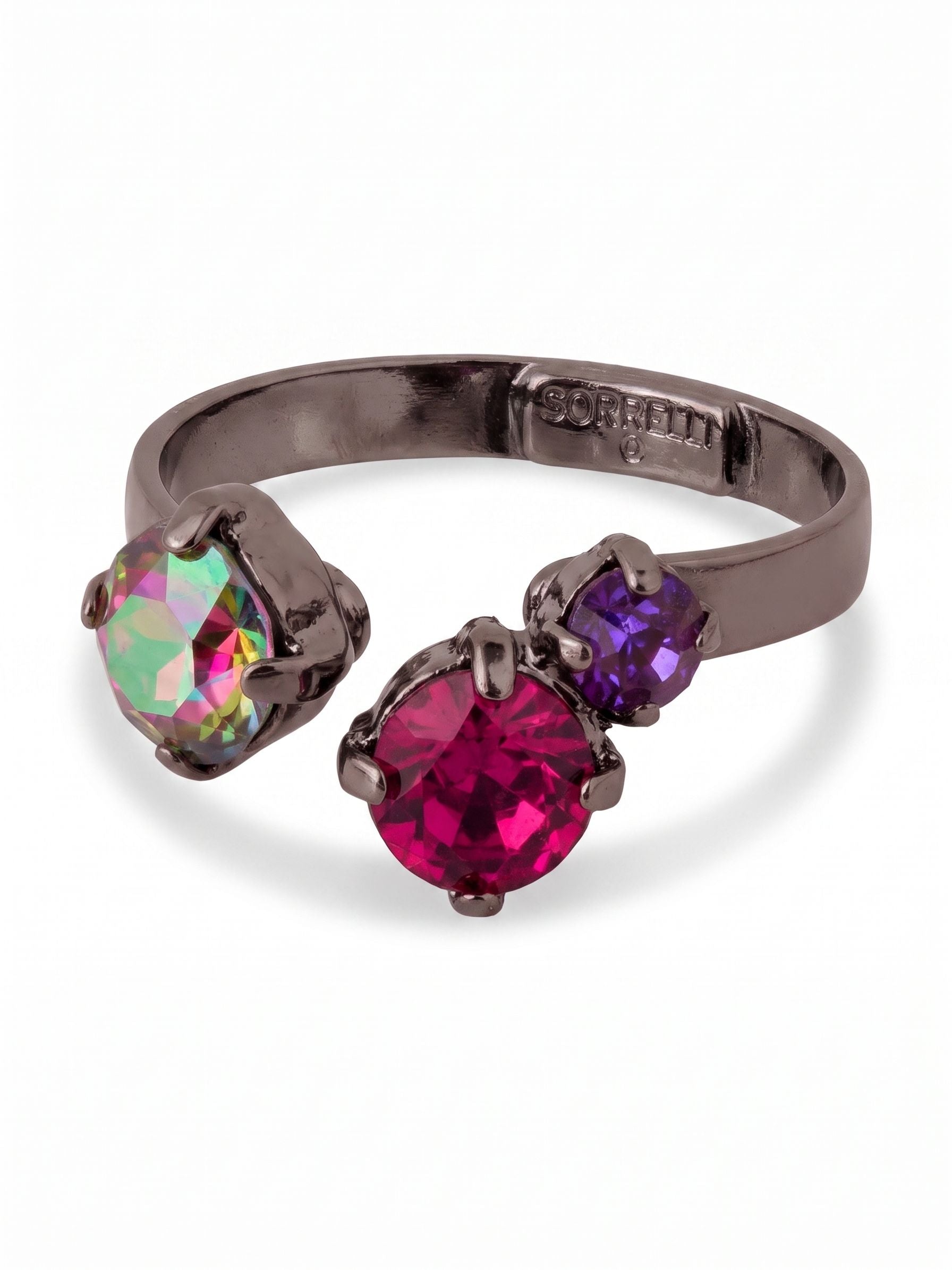 Bubbles Adjustable Open Band Ring - RGK3GMNNI - <p>Three distinctly colored round crystals orbit the open space of this dark metal band. On one side, an iridescent stone shifts between green and pink as your hands move through the day. Opposite it, two rich fuchsia and burgundy crystals add a saturated weight to the design. The open band structure allows you to gently squeeze or expand the metal for a customized fit, making it effortless to swap between fingers. It brings a modern asymmetry to your daily ring stack.</p><ul>
<li>Asymmetrical open face design with an interplay of solid and color-shifting crystals</li>
<li>Adjustable ring band</li>
<li>Includes signature organza pouch for gifting and travel</li>
</ul>