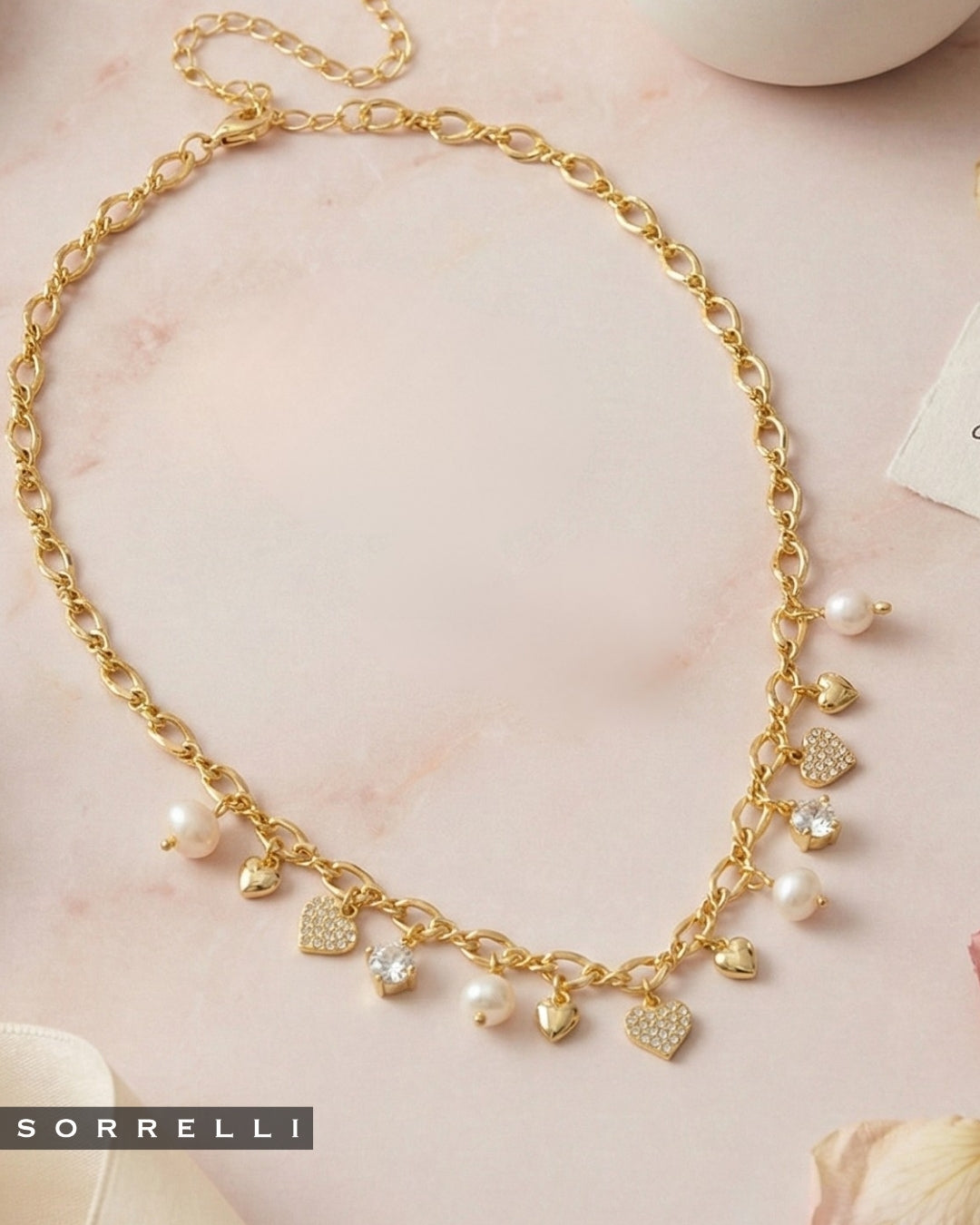 Heart & Pearl Charm Tennis Necklace - NGF2BGCRY