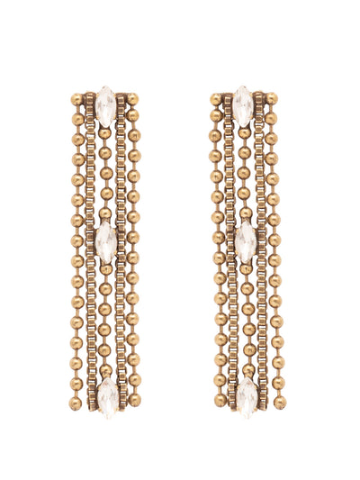 Cleo Layered Dangle Earring - 4EEZ30AGCRY - <p>The Cleo Layered Dangle Earrings combine chains and sparkle to create a trendy wardrobe staple. Box chains, snake chains, and bead chains border a line of studded navette cut crystals. From Sorrelli's Crystal collection in our Antique Gold-tone finish.</p>