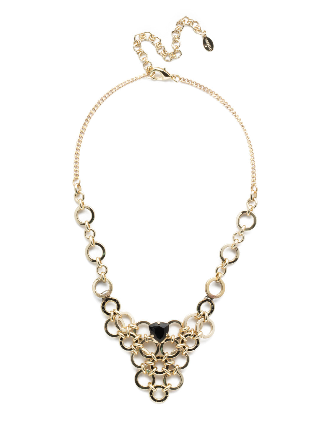 Linnia Link Statement Necklace - 4NEF8BGJET - <p>A trillion cut center crystal, channel set crystal circles and fun circular metal accents come together in a one-of-a-kind adjustable bib with a lobster clasp closure. From Sorrelli's Jet collection in our Bright Gold-tone finish.</p>