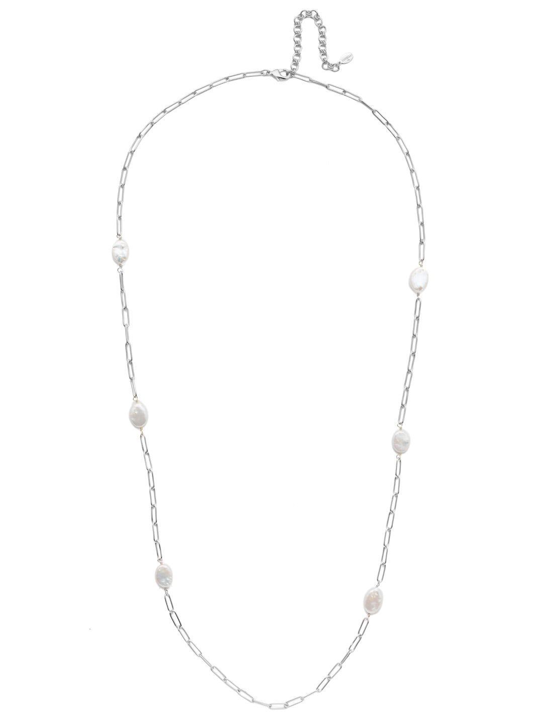 Cascade Long Necklace - 4NES6ASMDP - The Cascade Long Necklace features a delicate metal chain offset by a mirrorball-like pendant piece, reflecting light with its baquette and circular crystal sparklers. From Sorrelli's Modern Pearl collection in our Antique Silver-tone finish.