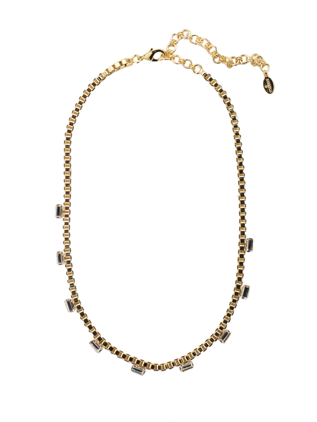 Cleo Classic Tennis Necklace - 4NEZ19BGCRY - The Cleo Classic Tennis Necklace features a row of emerald cut crystals on a box chain. The lobster claw clasp secures the necklace at various lengths. From Sorrelli's Crystal collection in our Bright Gold-tone finish.