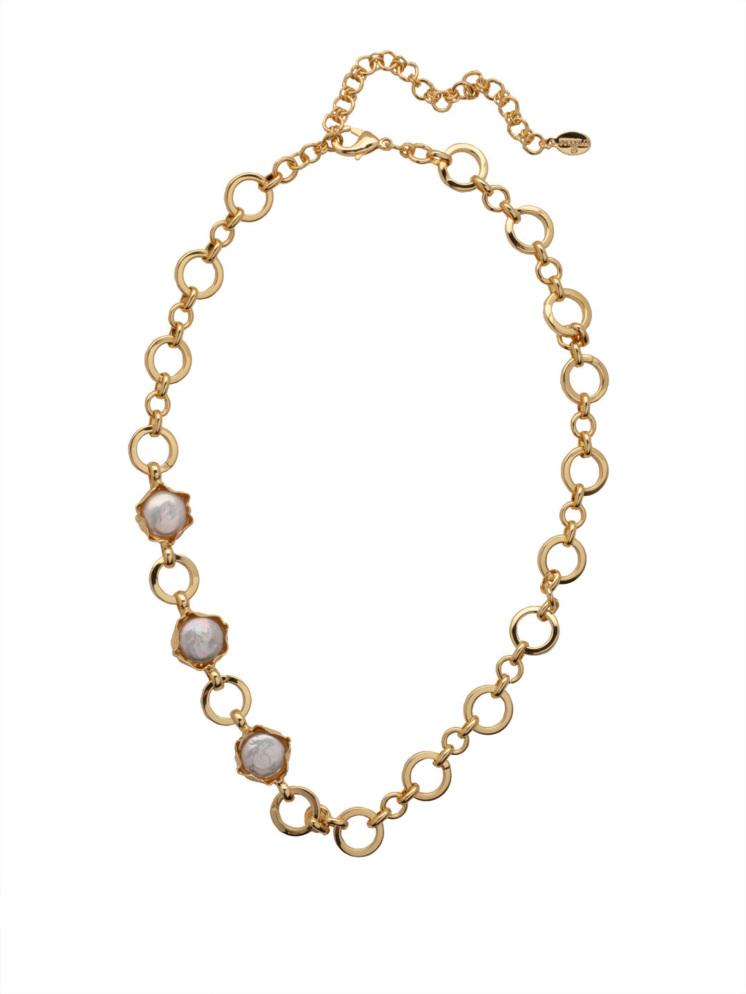 Diana Half Tennis Necklace - 4NFC20BGMDP - <p>The Diana Half Tennis Necklace Features round chain links and a half line of 3 flat round freshwater pearls set in a crushed bezel. From Sorrelli's Modern Pearl collection in our Bright Gold-tone finish.</p>