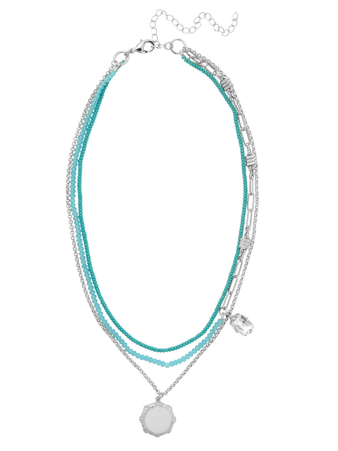 Pura Layered Necklace - 4NFJ7PDTQ - <p>The Pura Layered Necklace features beaded layers, a crystal accent, and a metal disk pendant dangling from a chain, secured by a lobster claw clasp. From Sorrelli's Turquoise collection in our Palladium finish.</p>