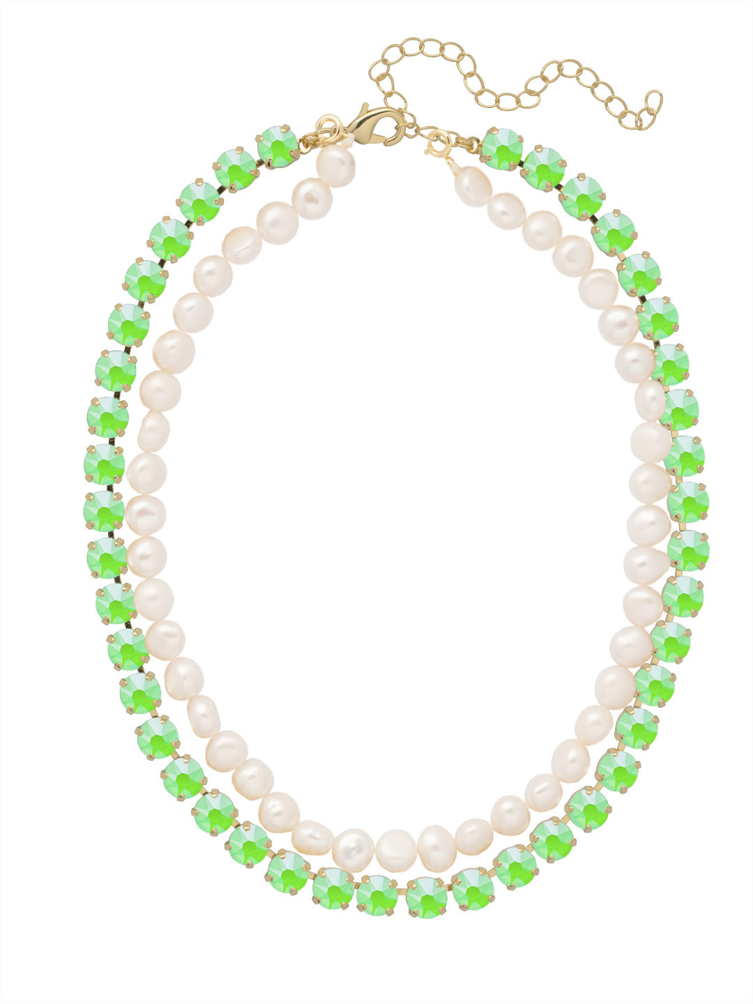 Matilda Layered Tennis Necklace - 4NFL18BGETG - <p>The Matilda LayeredTennis Necklaces features a tennis necklace with lined with round cut crystals on an adjustable chain, secured with a lobster claw clasp, and a strand of freshwater pearls with a spring ring clasp on either end. Remove the strand of peals and wear the crystal tennis necklace solo or easily clip on the strand of pearls for an effortless layered look! From Sorrelli's Electric Green  collection in our Bright Gold-tone finish.</p>