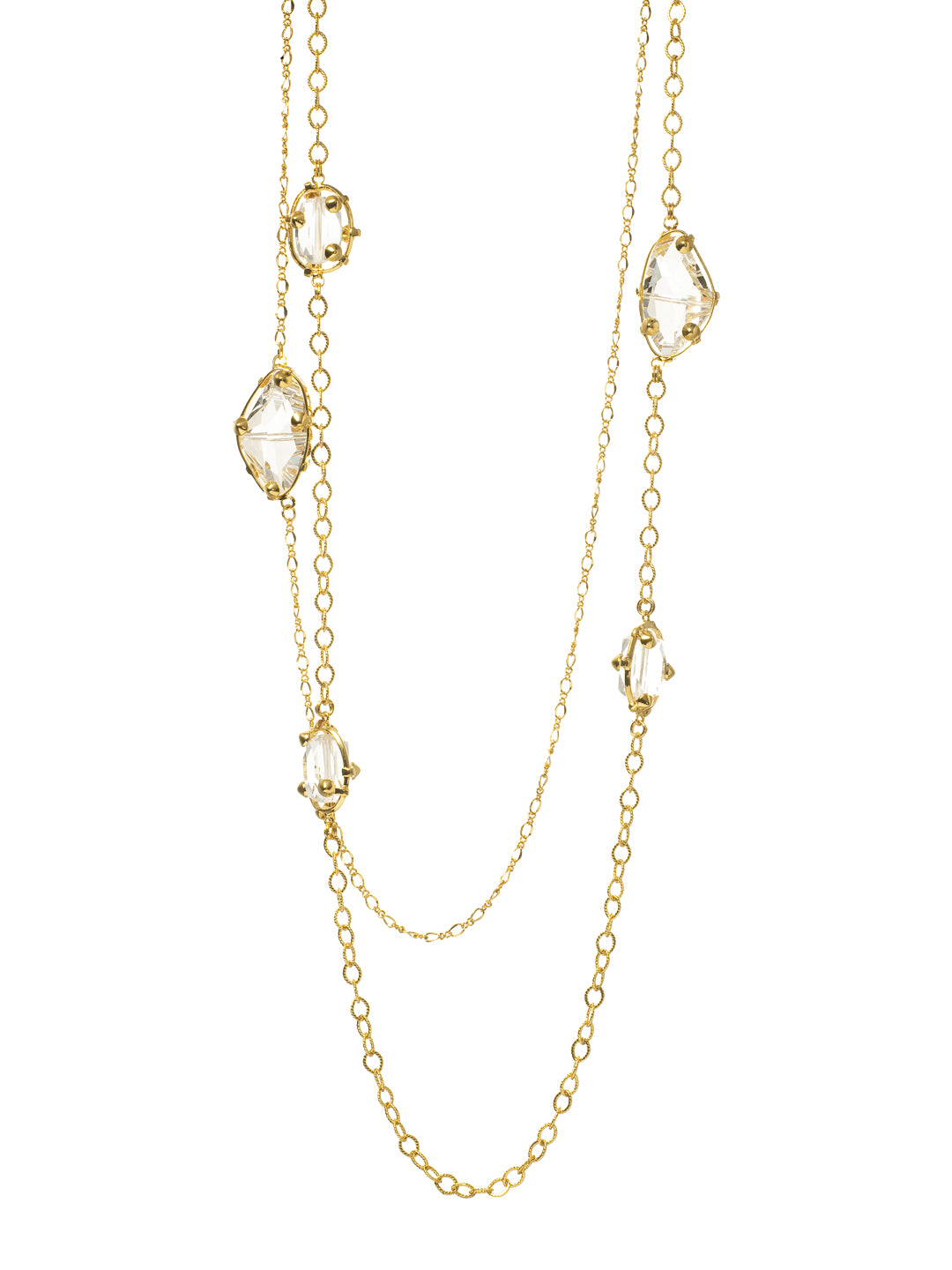 Crystal Galactic Bead Long Strand Necklace - 4NK13BGRDX - <p>A double strand necklace with clear galactic beads and triangle fold overs. This look is organic, and sparkling! From Sorrelli's Redux collection in our Bright Gold-tone finish.</p>