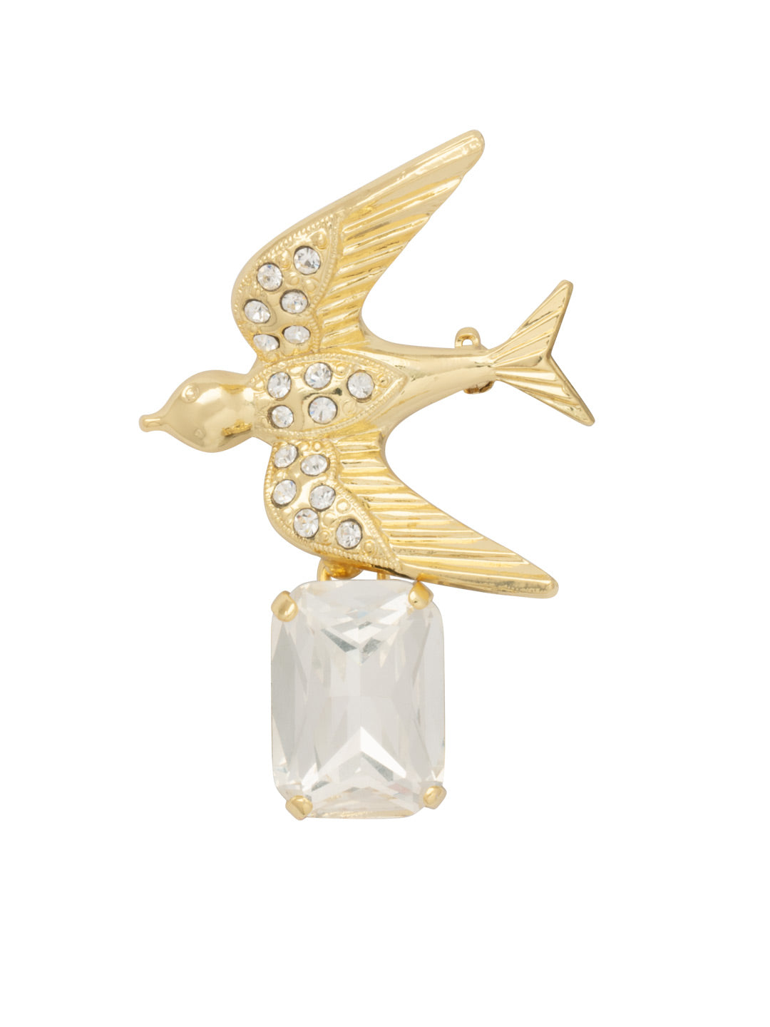 Crystal Bird Statement Pin - 4PFL21BGCRY - <p>The Crystal Bird Statement Pin features a crystal embellished metal bird with an emerald cut crystal dangling below. From Sorrelli's Crystal collection in our Bright Gold-tone finish.</p>