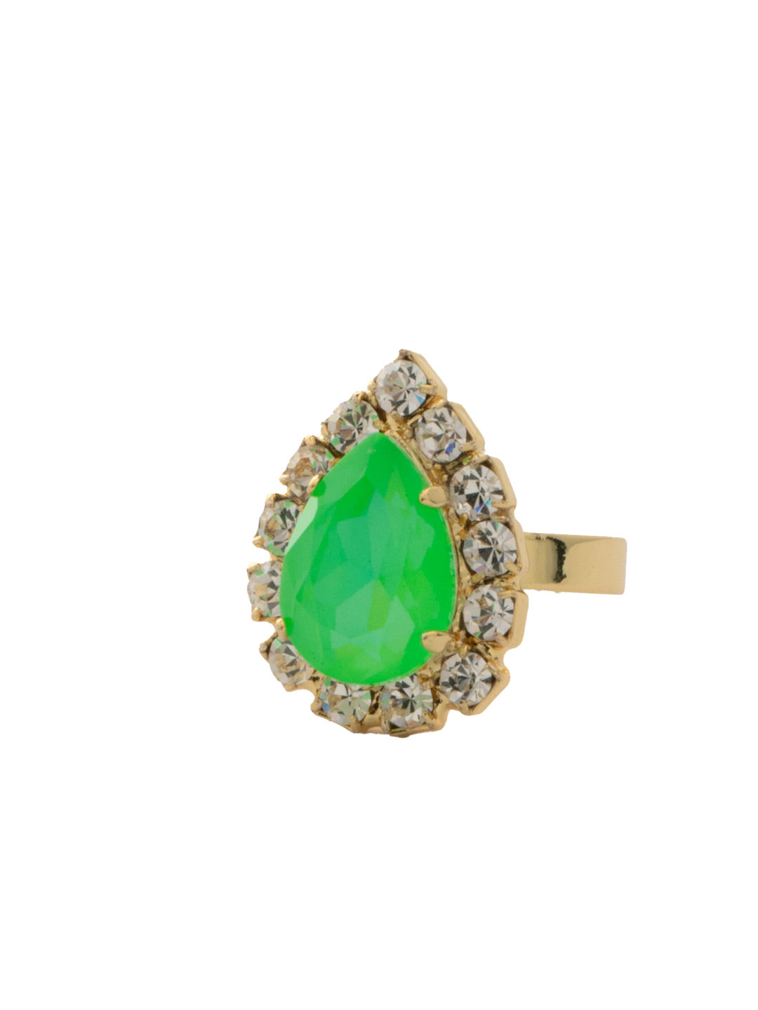 Peony Cocktail Ring - 4RET2BGETG - <p>Don't be shy when it comes to blinging it on. Slip on the Peony Cocktail Ring and its stunning pear sparkler on any finger and shine. Adjustable to fit ring sizes 6-8. From Sorrelli's Electric Green  collection in our Bright Gold-tone finish.</p>