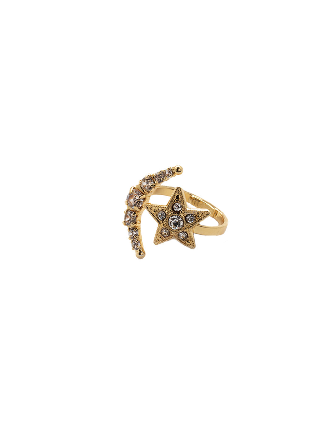 Nebula Statement Ring - 4REZ20BGCRY - <p>The Nebula Statement Ring is an out-of-this-world celestial wardrobe must-have! An adjustable thin band lays base to one crystal studded half crescent moon and star at either end of the open band. From Sorrelli's Crystal collection in our Bright Gold-tone finish.</p>