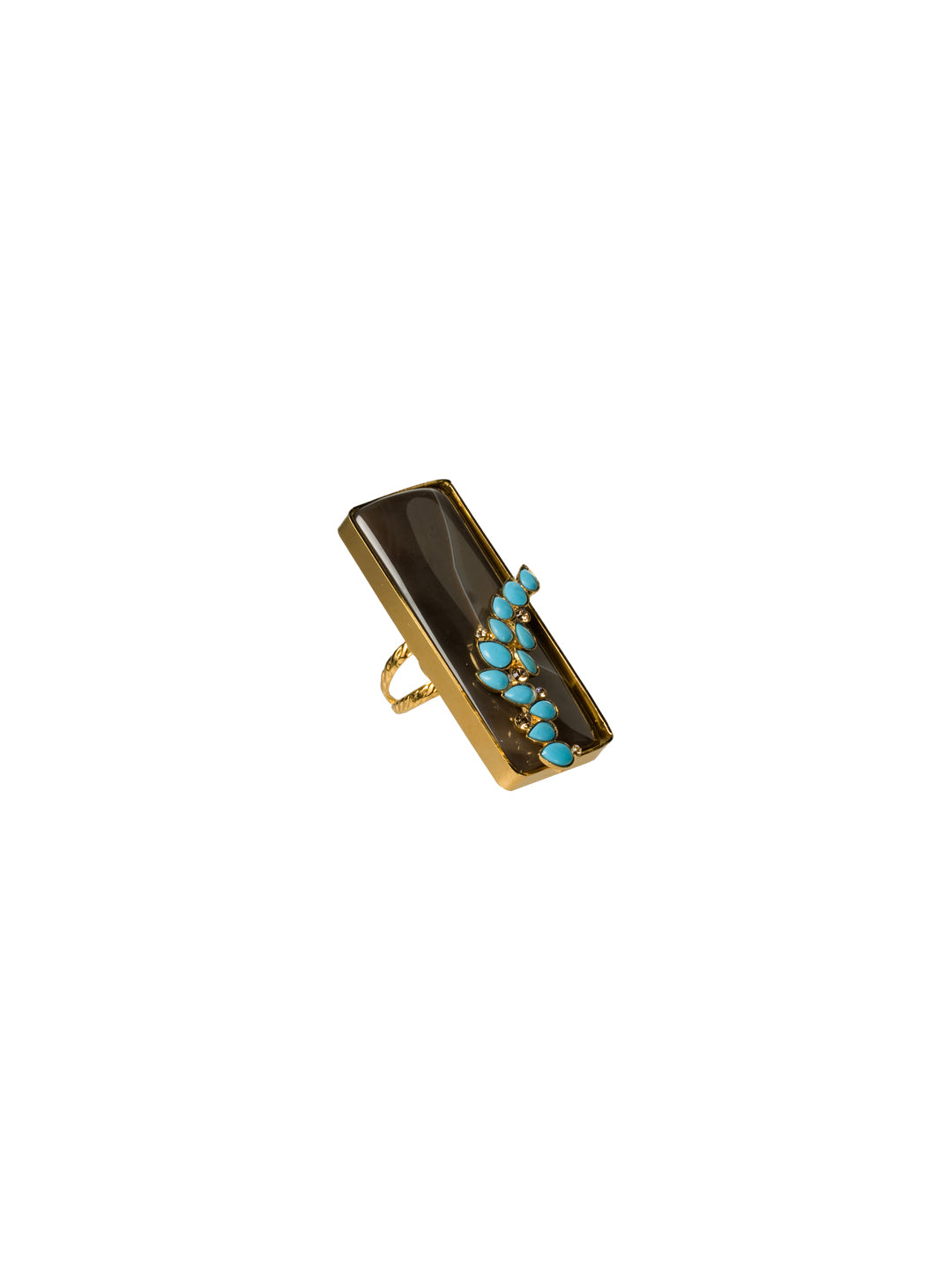 Large Rectangle Brown Agate and Turquoise Ring - 4RH8BGAZT