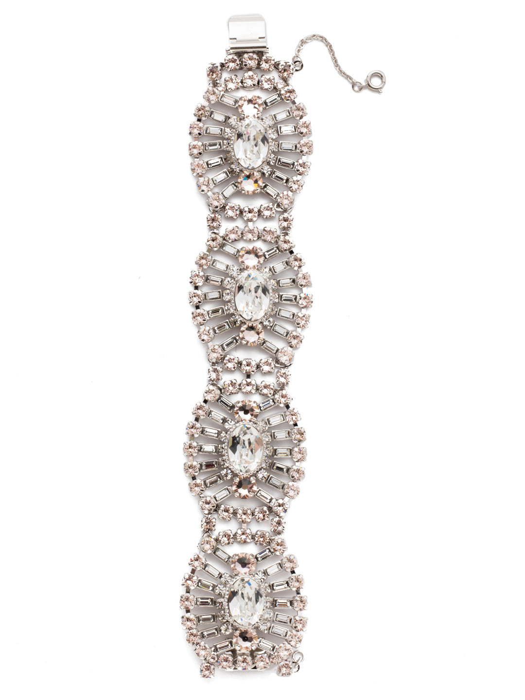 Gleaming Oval Layered Bracelet - BBZ48RHPLS - A bracelet that is sure to make a statement, this classic design features an oval stone in the center of each segment with a starburst of crystal baguettes surrounding each one. The result is a decoratively textured, vintage-inspired piece that will dazzle from every angle. From Sorrelli's Soft Petal collection in our Palladium Silver-tone finish.