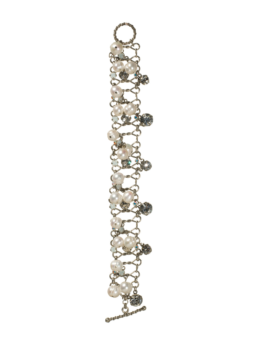 Clustered Crystal and Bead Layered Bracelet - BCF5ASWBR - This design spotlights pearls and round crystals on a decorative chain for perfect date night look. From Sorrelli's White Bridal collection in our Antique Silver-tone finish.