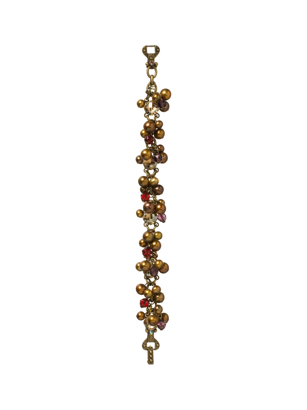Clustered Crystal and Pearl Bracelet Tennis Bracelet - BCJ13AGTAP - A menagerie of impeccable beauty. Sparkling with impeccable beauty, simulated pearls and crystal beads are set on a loose chain link, punctuated by cushion cut stones. A foldover clasp makes this piece secure and stylish. From Sorrelli's Tapestry collection in our Antique Gold-tone finish.