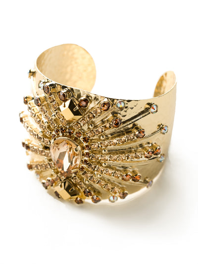 Sparkling Spectacle Cuff Bracelet - BCQ15BGGOL - Talk about a crystallized cuff!  This bracelet is intricately designed and smothered in gemstones. The simple yet ornate cuff allows the unique pattern of the jewels to flare against the metallic backing. From Sorrelli's Gold Leaf collection in our Bright Gold-tone finish.