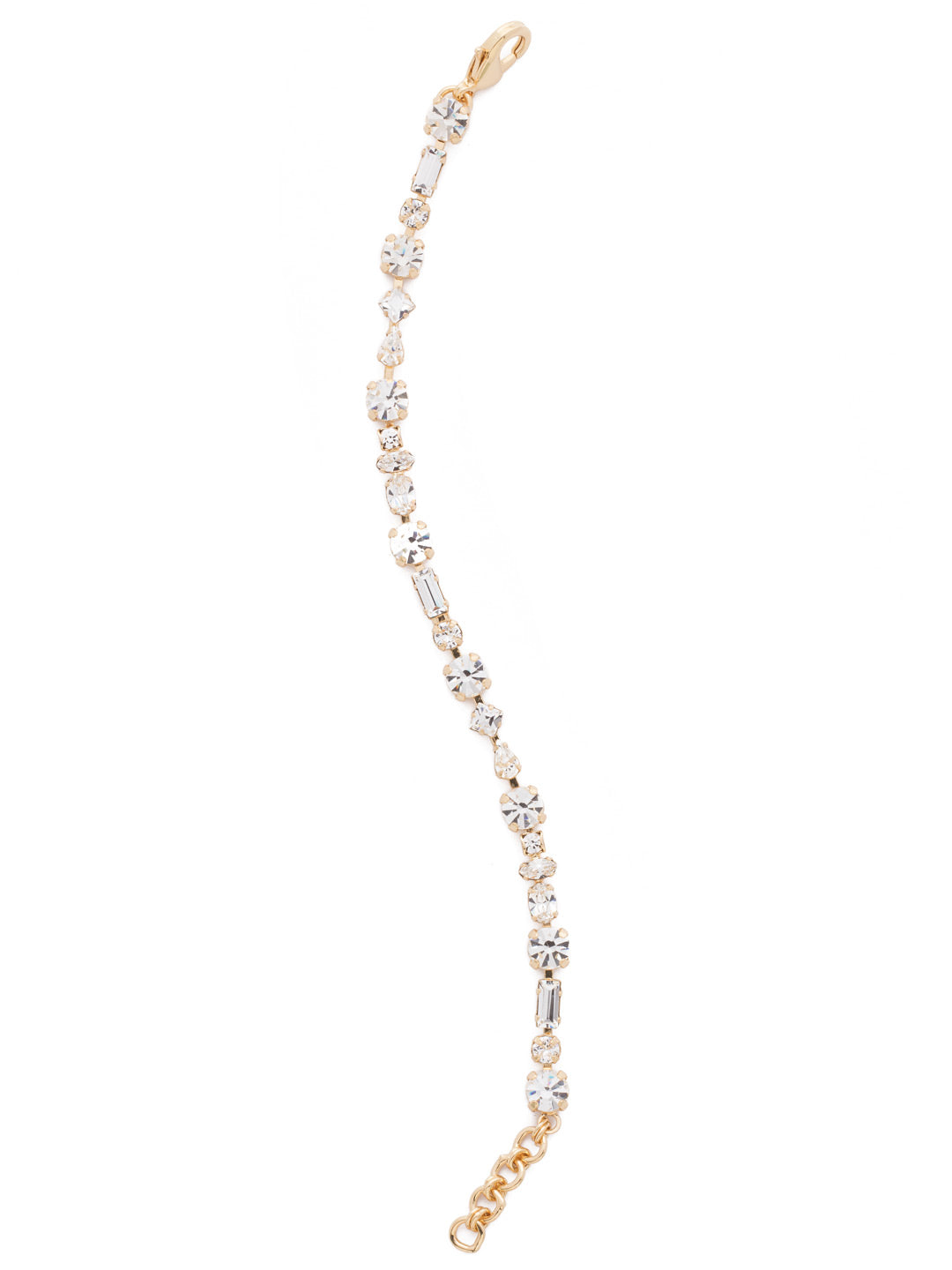 Geometric Crystal Line Tennis Bracelet - BDB7BGCRY - <p>Our classic line bracelet with a geometric twist! This rendition features alternating round, teardrop, and baguette cut crystals. From Sorrelli's Crystal collection in our Bright Gold-tone finish.</p>