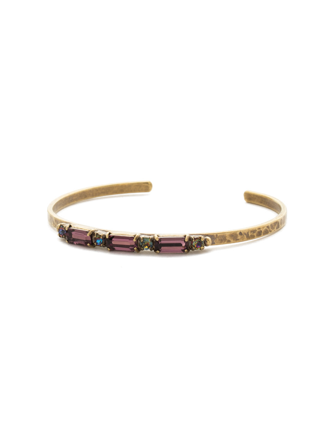 Line and Dot Cuff Bracelet - BDK50AGROP - <p>A thin, hammered oh-so-stackable cuff bracelet with an alternating pattern of round and baguette crystals. From Sorrelli's Royal Plum collection in our Antique Gold-tone finish.</p>