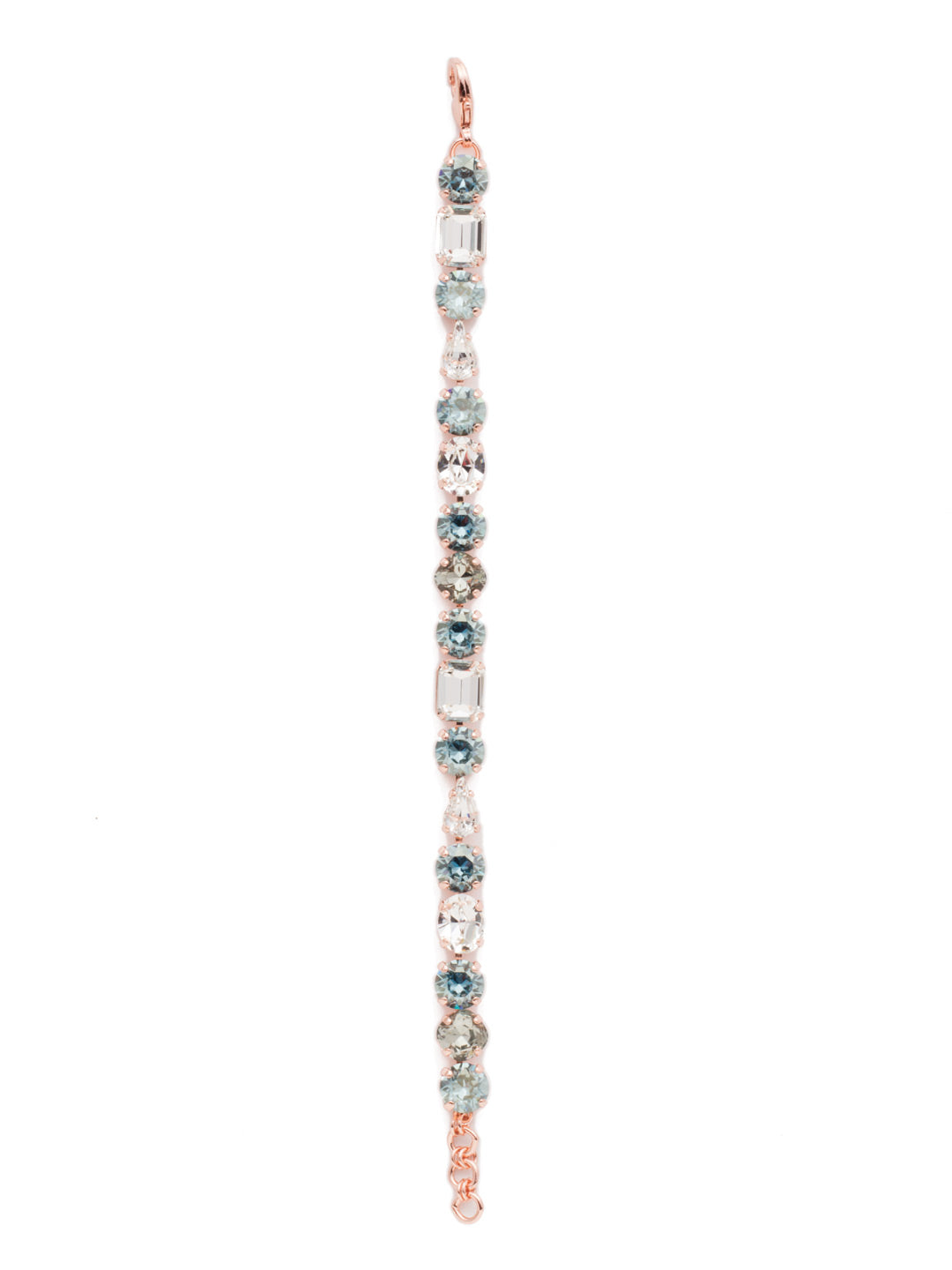 Clover Tennis Bracelet - BDQ13RGCAZ - A unique multi-cut line bracelet featuring brilliant emerald, pear, round and cushion-cut crystals. From Sorrelli's Crystal Azure collection in our Rose Gold-tone finish.