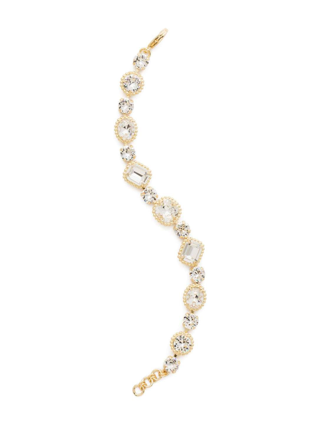 Dahlia Tennis Bracelet - BDQ38BGCRY - <p>A striking line bracelet with decorative edging that showcases cushion cut, oval, round and emerald cut crystals. From Sorrelli's Crystal collection in our Bright Gold-tone finish.</p>